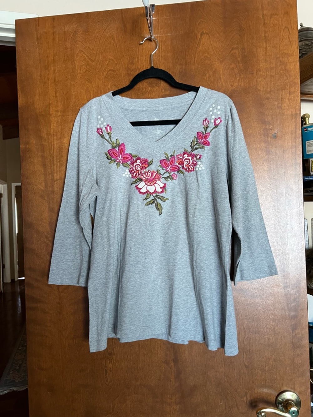 Charter Club Gray V-Neck Tunic with Pink Floral Embroidery